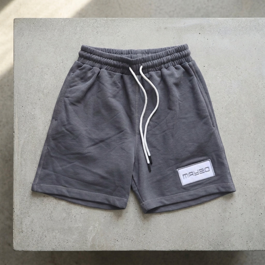 MAY20 shorts in charcoal, front view