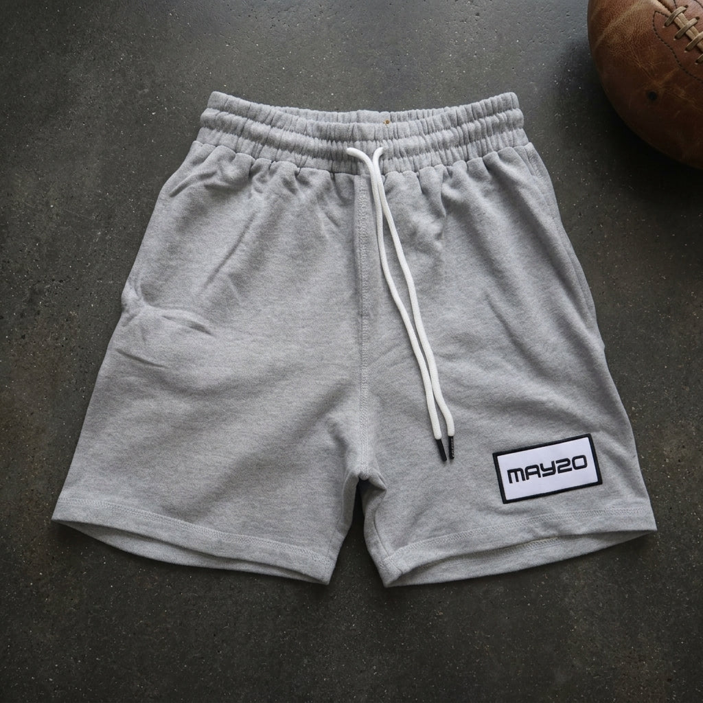 MAY20 shorts in heather grey, front view