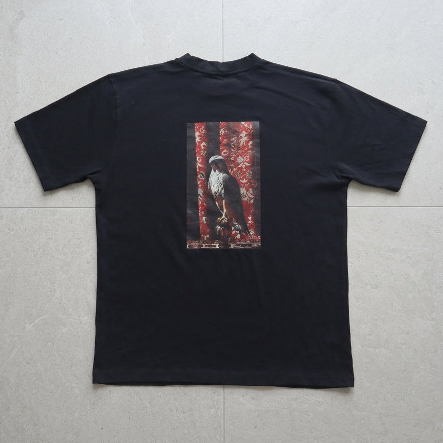 The Falconer tee in black, back print