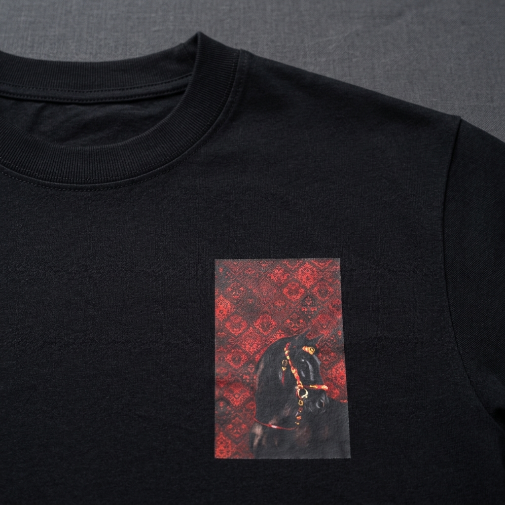 Marwari tee in black, chest print detail
