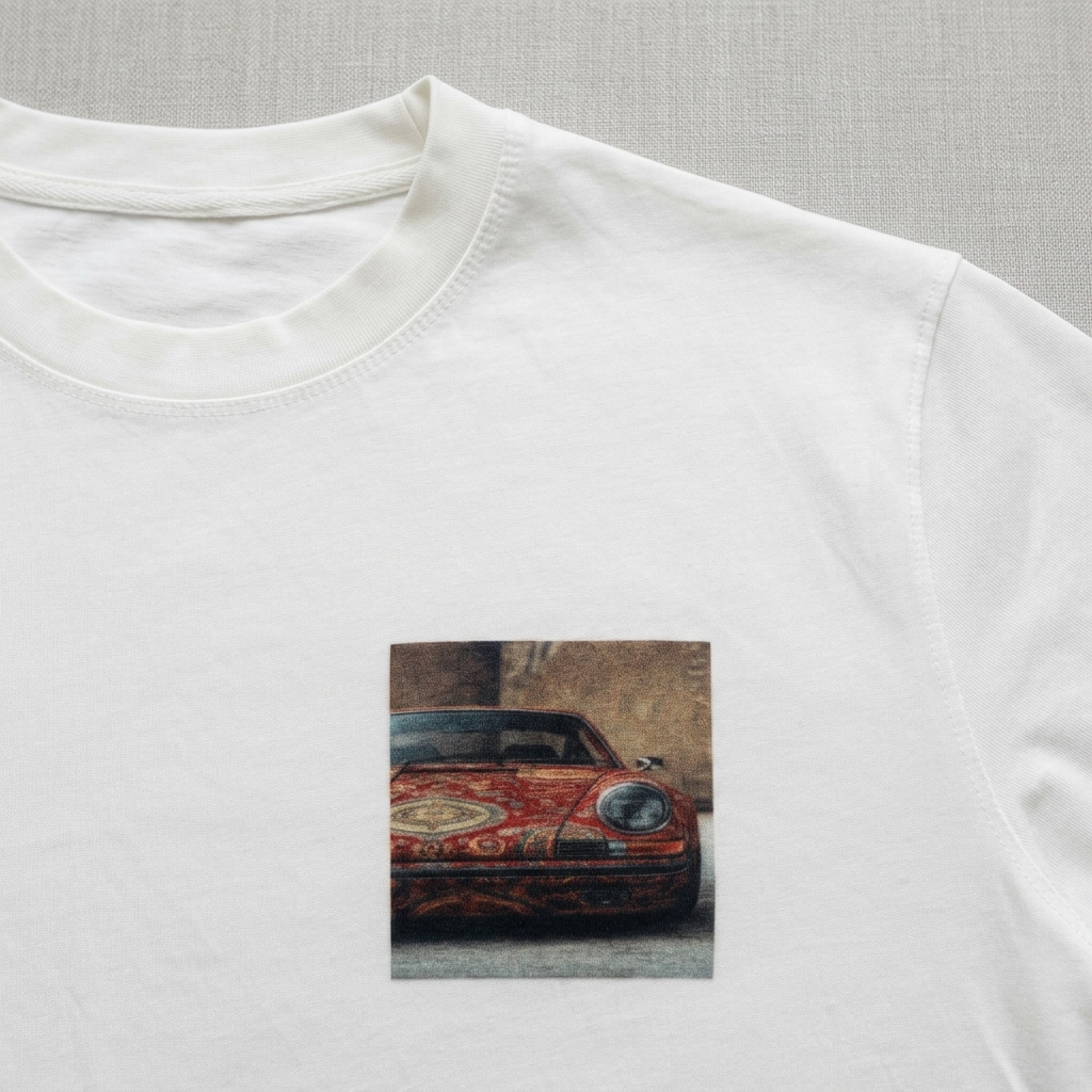 Sunday Driver tee in white, chest print detail