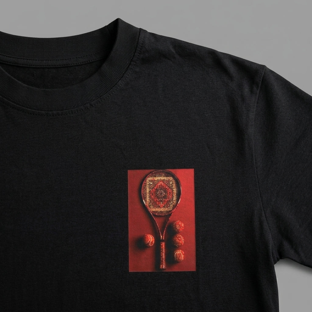 Clay Court tee in black, chest print detail