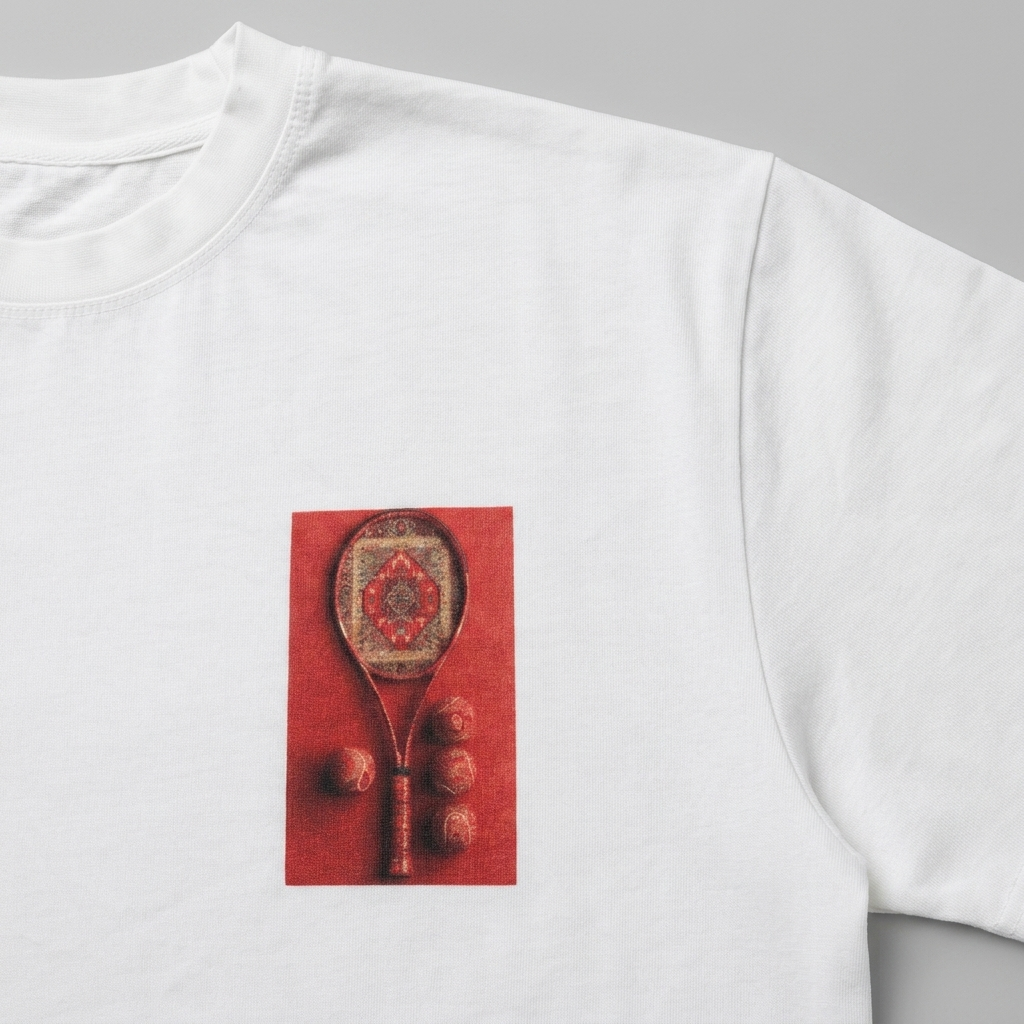 Clay Court tee in white, chest print detail