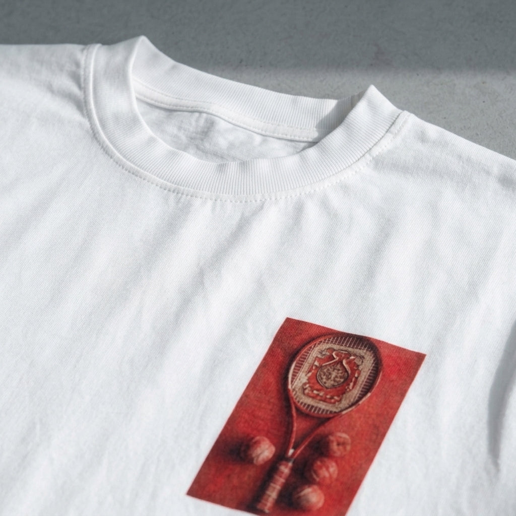 Clay Court tee in white, chest print detail